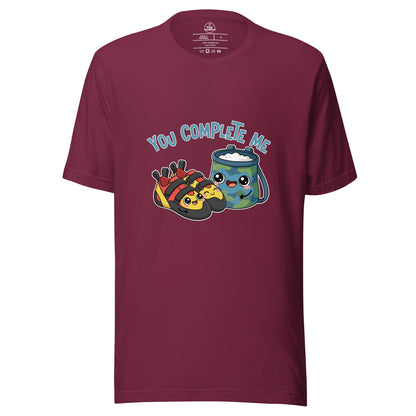 Maroon unisex t-shirt featuring "You Complete Me" slogan, perfect for rock climbing and bouldering enthusiasts by Knot Qualified.