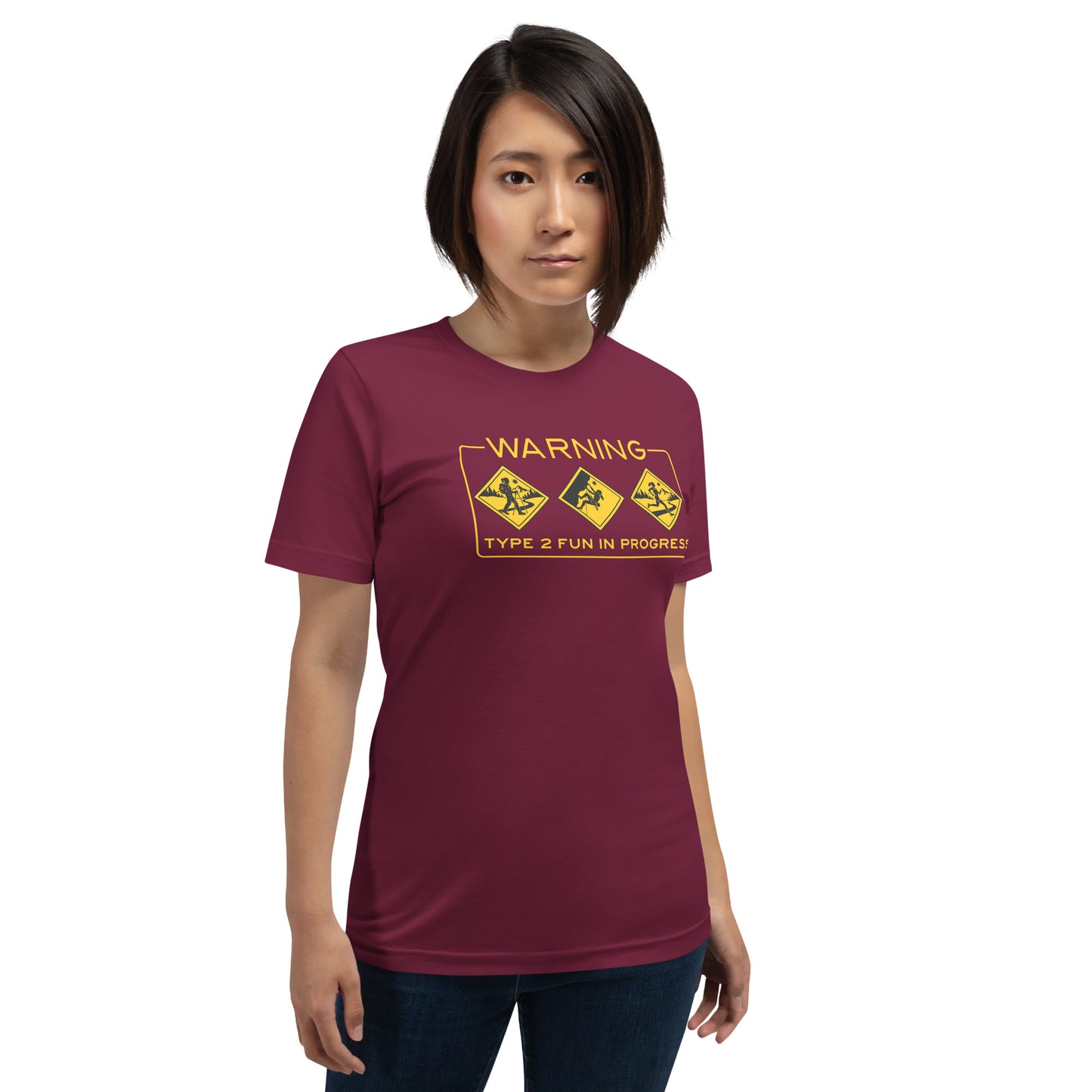 Maroon Knot Qualified Type 2 Fun female climbing top, perfect for hiking and trail running, displayed from the front.