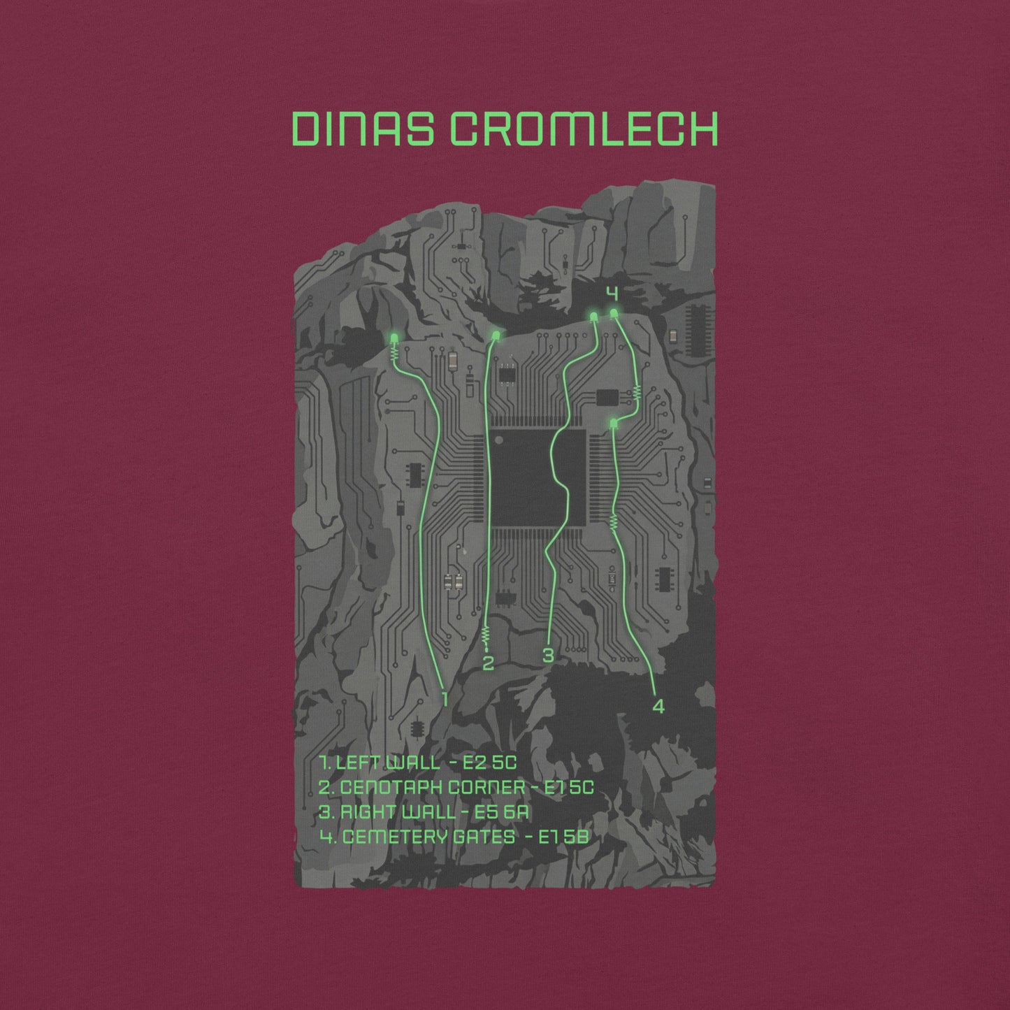 Maroon unisex Cenotaph Corner climbing topo T-shirt by Knot Qualified featuring Dinas Cromlech trad icon design.