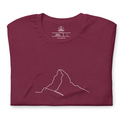 Maroon unisex T-shirt featuring minimalist Matterhorn line art in Picasso style by Knot Qualified.