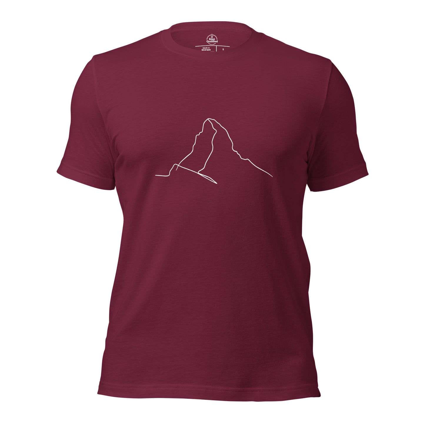 Maroon unisex t-shirt featuring minimalist Matterhorn line art in Picasso style by Knot Qualified.
