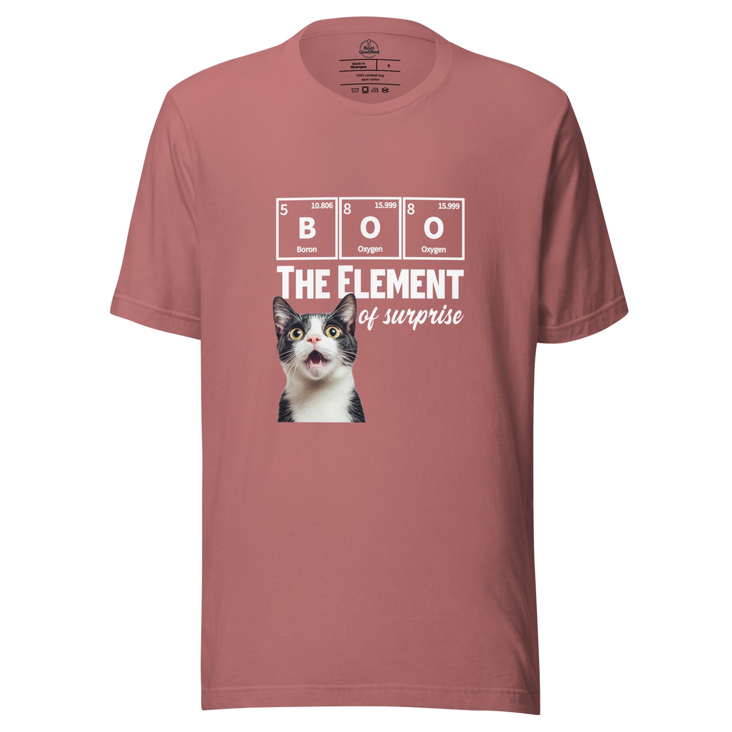 Mauve unisex t-shirt featuring a funny tuxedo cat science pun by Knot Qualified.