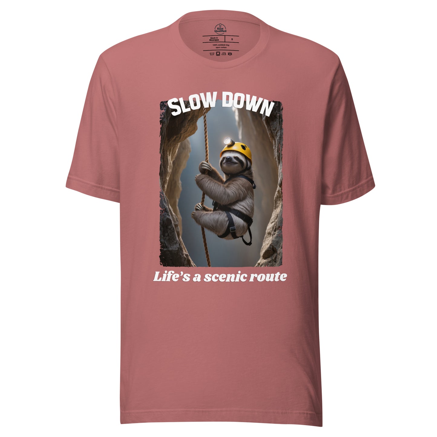 Mauve unisex T-shirt from Knot Qualified featuring "Slow down Life’s a scenic route" graphic on the front.
