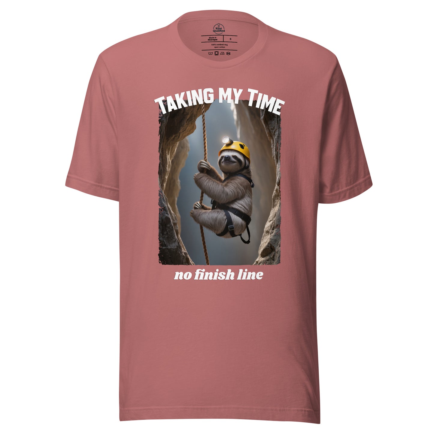 Mauve unisex T-shirt from Knot Qualified featuring "Taking my Time, no finish line" graphic on front.