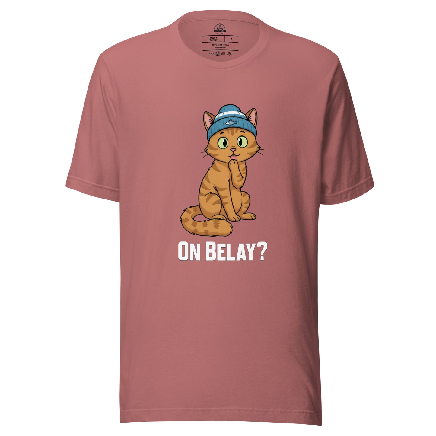 Mauve unisex T-shirt featuring "On Belay Climbing Cat" graphic by Knot Qualified, perfect for climbing enthusiasts.