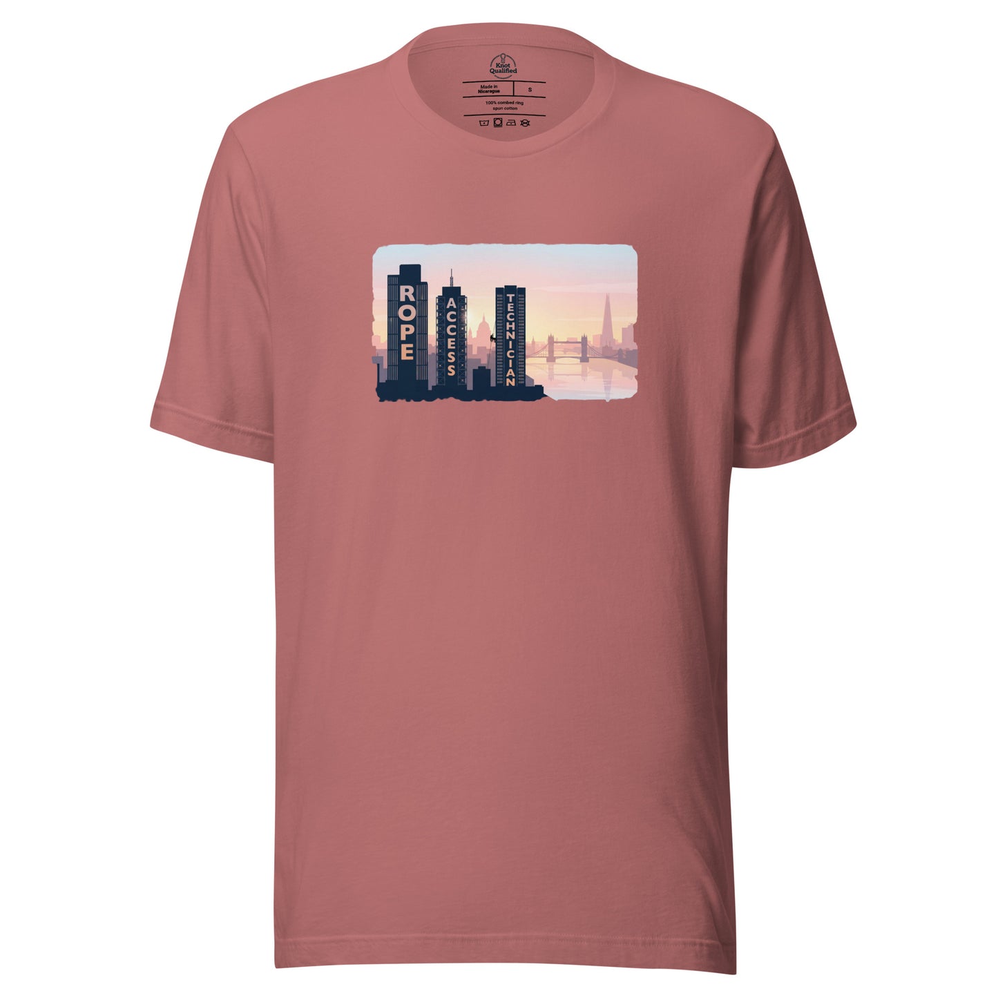 Unisex mauve t-shirt featuring London skyline design, perfect for rope access technicians by Knot Qualified.