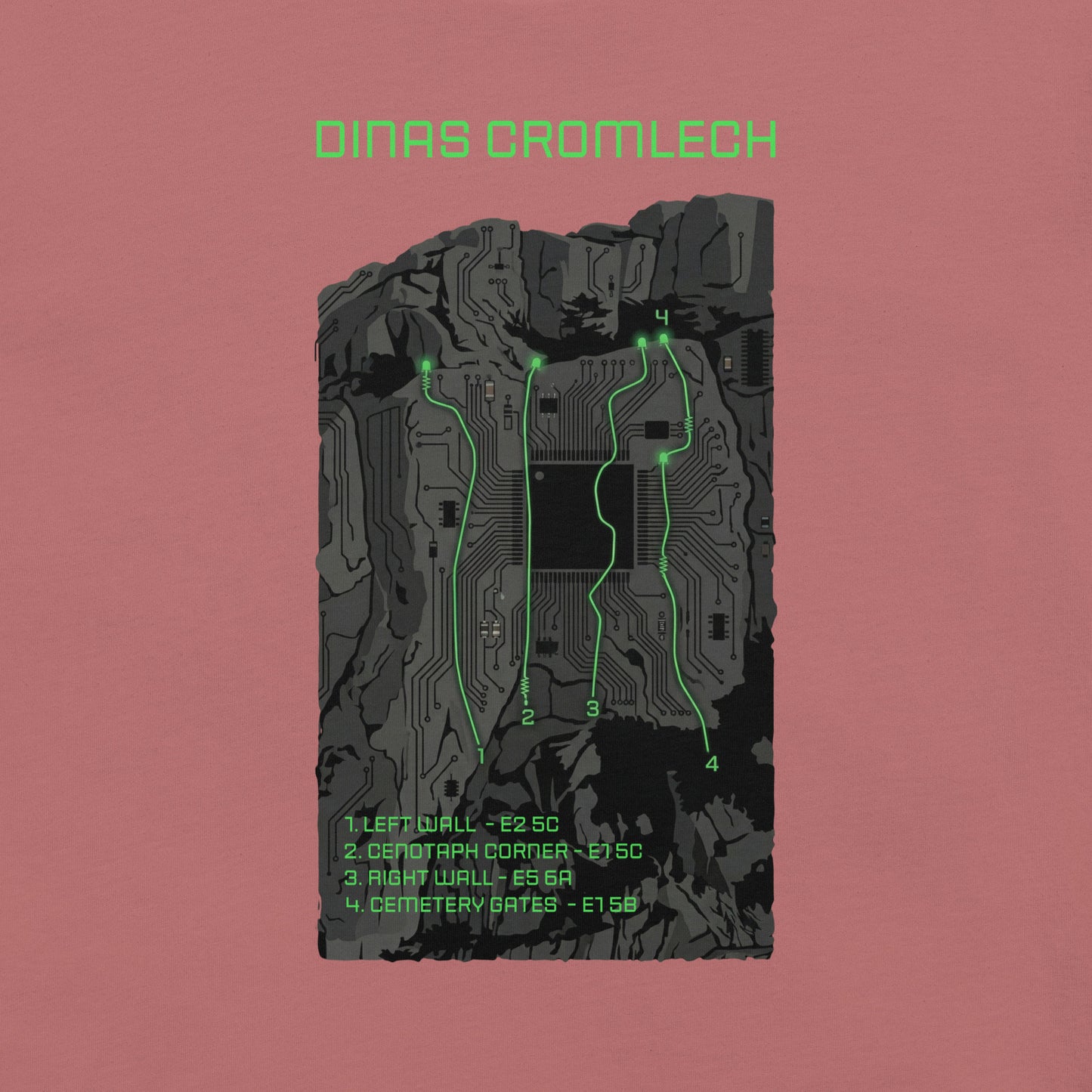 Mauve unisex T-shirt featuring Cenotaph Corner climbing topo design by Knot Qualified, front view.