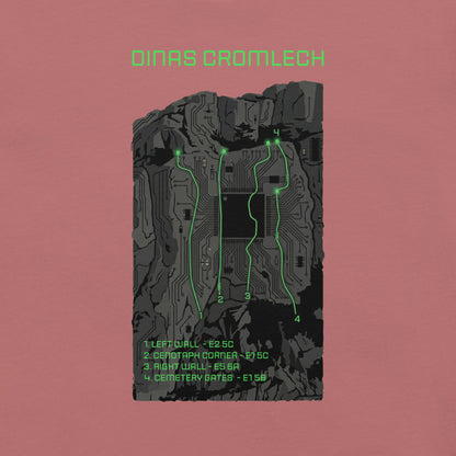 Mauve unisex T-shirt featuring Cenotaph Corner climbing topo design by Knot Qualified, front view.