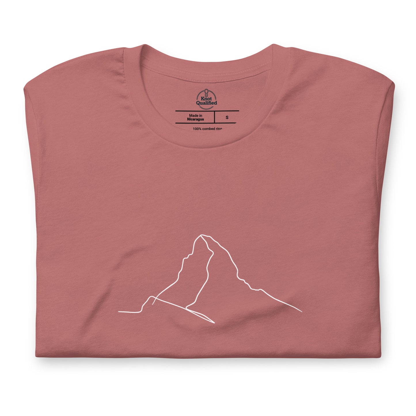 Mauve unisex t-shirt featuring minimalist Matterhorn line art in Picasso style by Knot Qualified.