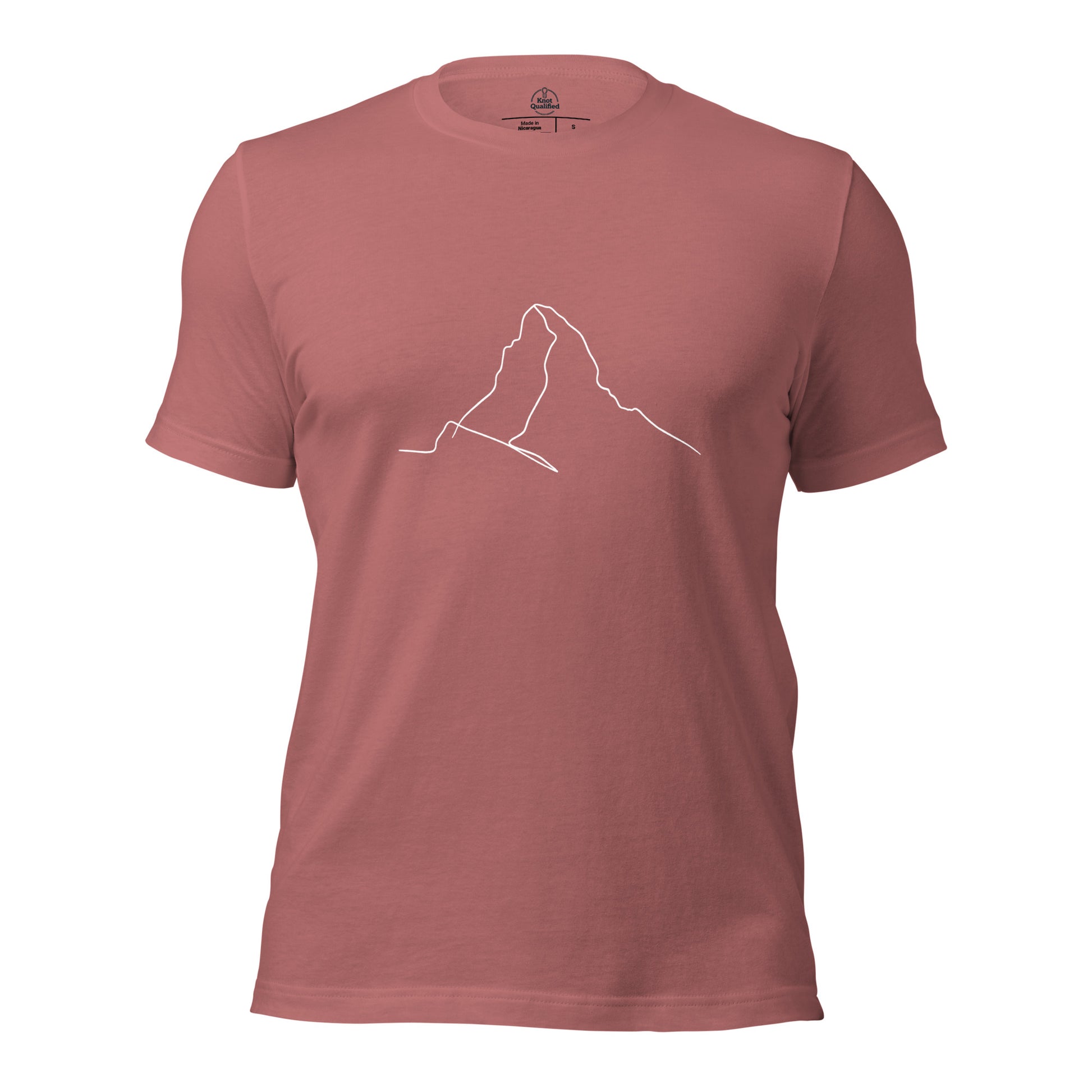 Mauve unisex t-shirt featuring minimalist Matterhorn line art in Picasso style by Knot Qualified.