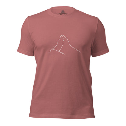 Mauve unisex t-shirt featuring minimalist Matterhorn line art in Picasso style by Knot Qualified.