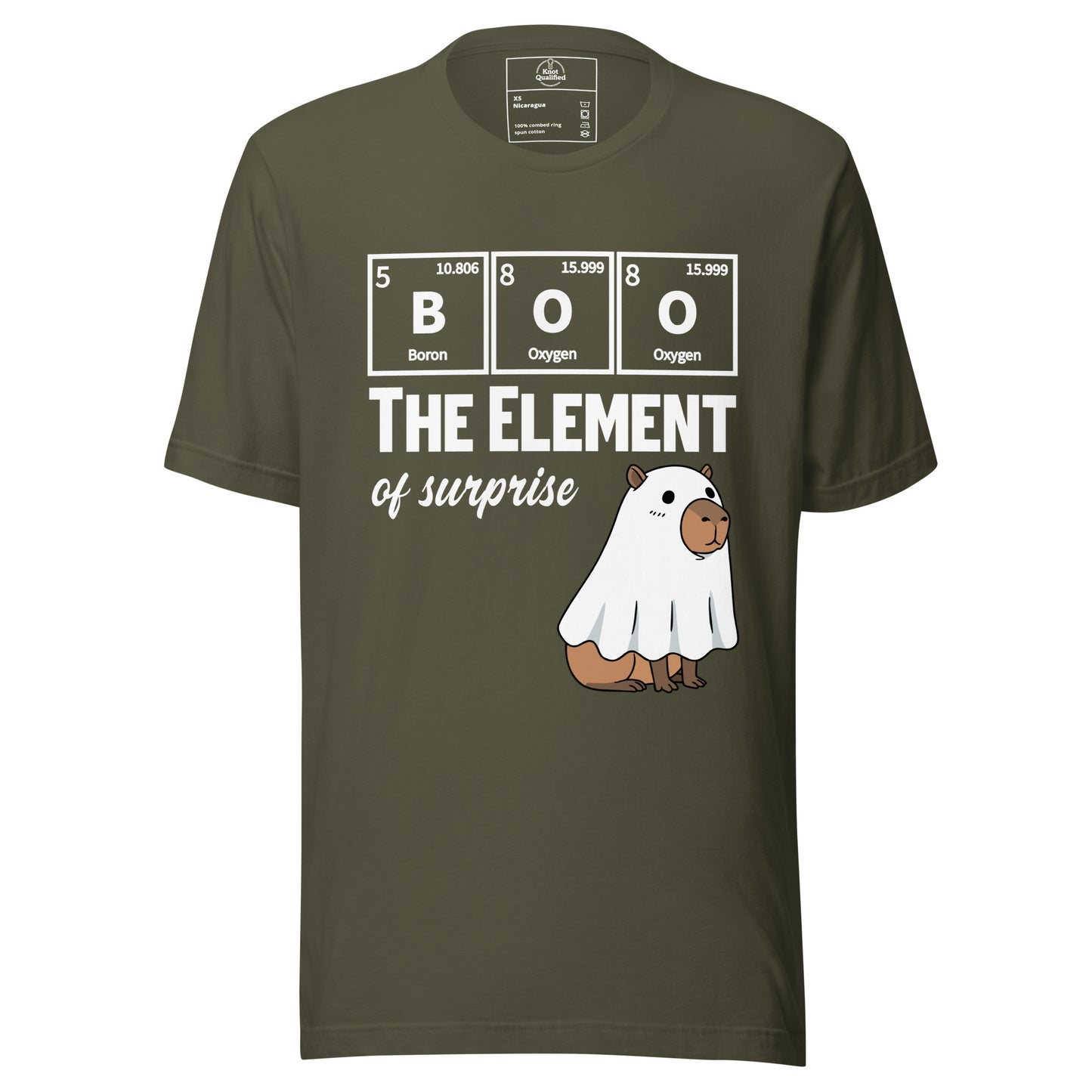 Military green unisex t-shirt featuring a funny Capybara ghost science design by Knot Qualified.