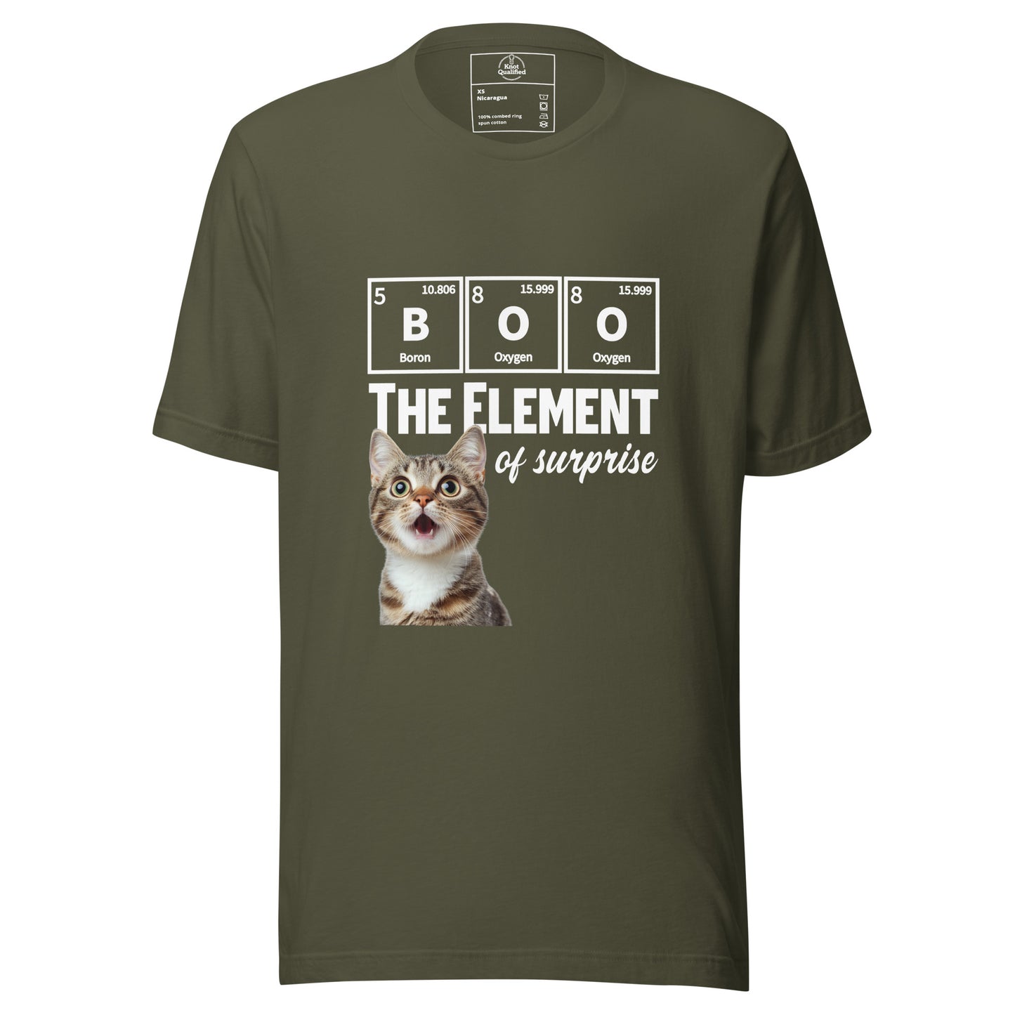 Military green unisex t-shirt featuring a cute kitten chemistry pun design by Knot Qualified.