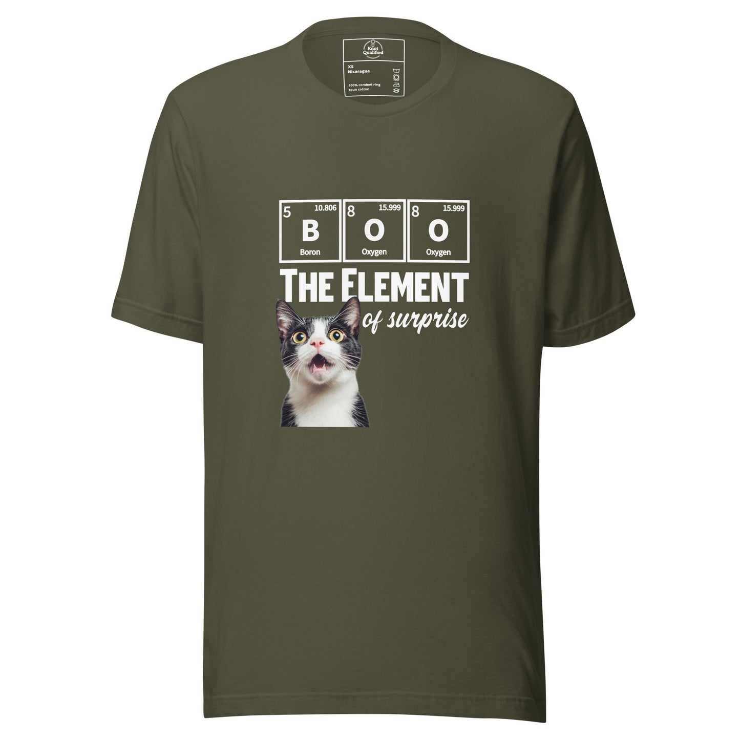Military green unisex T-shirt featuring a funny tuxedo cat science pun design by Knot Qualified.