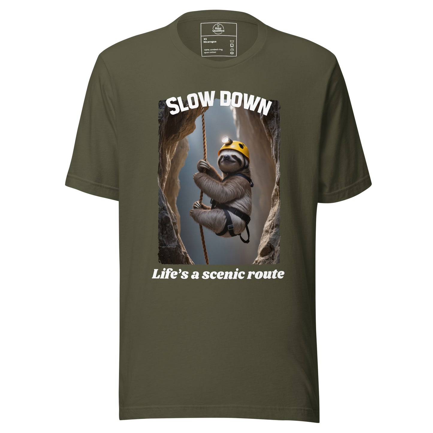 Military green unisex t-shirt by Knot Qualified featuring "Slow down Life’s a scenic route" graphic on the front.