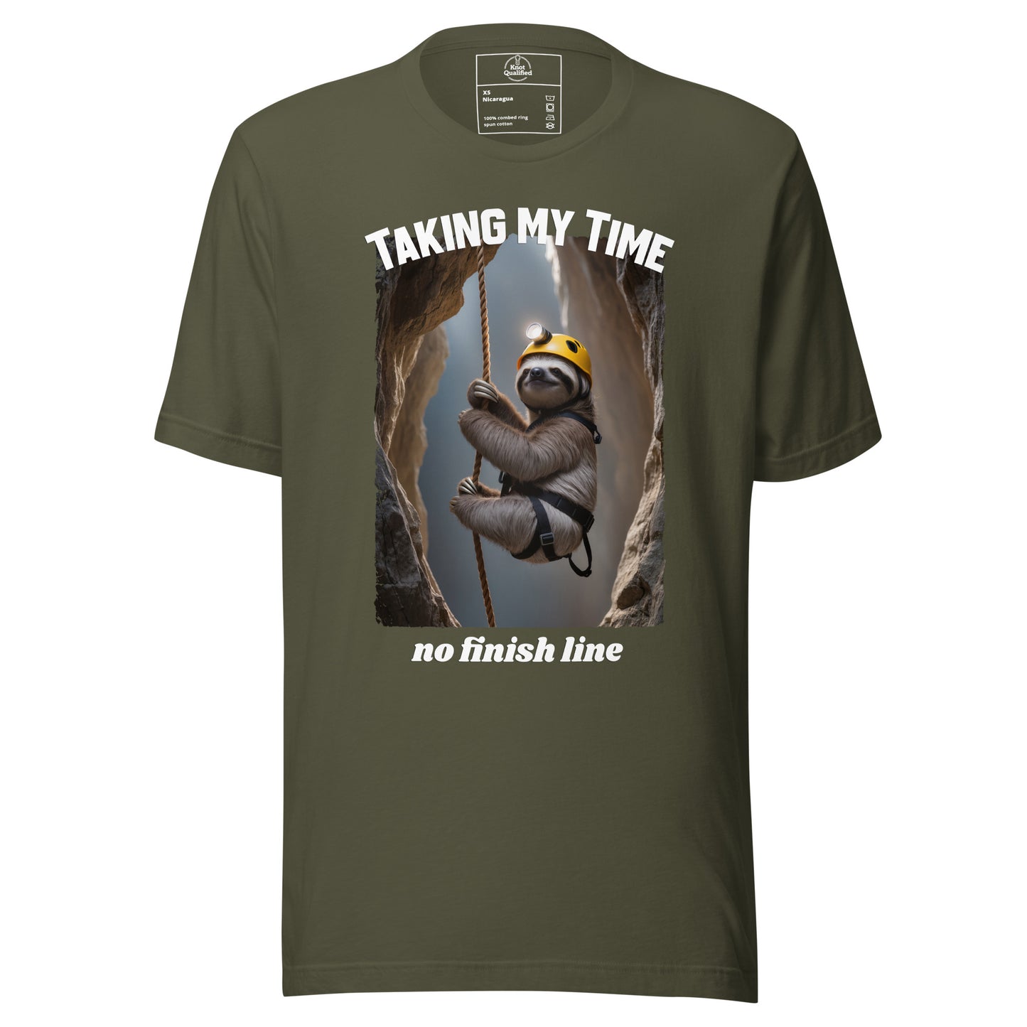 Unisex military green T-shirt from Knot Qualified featuring "Taking my Time, no finish line" graphic on the front.
