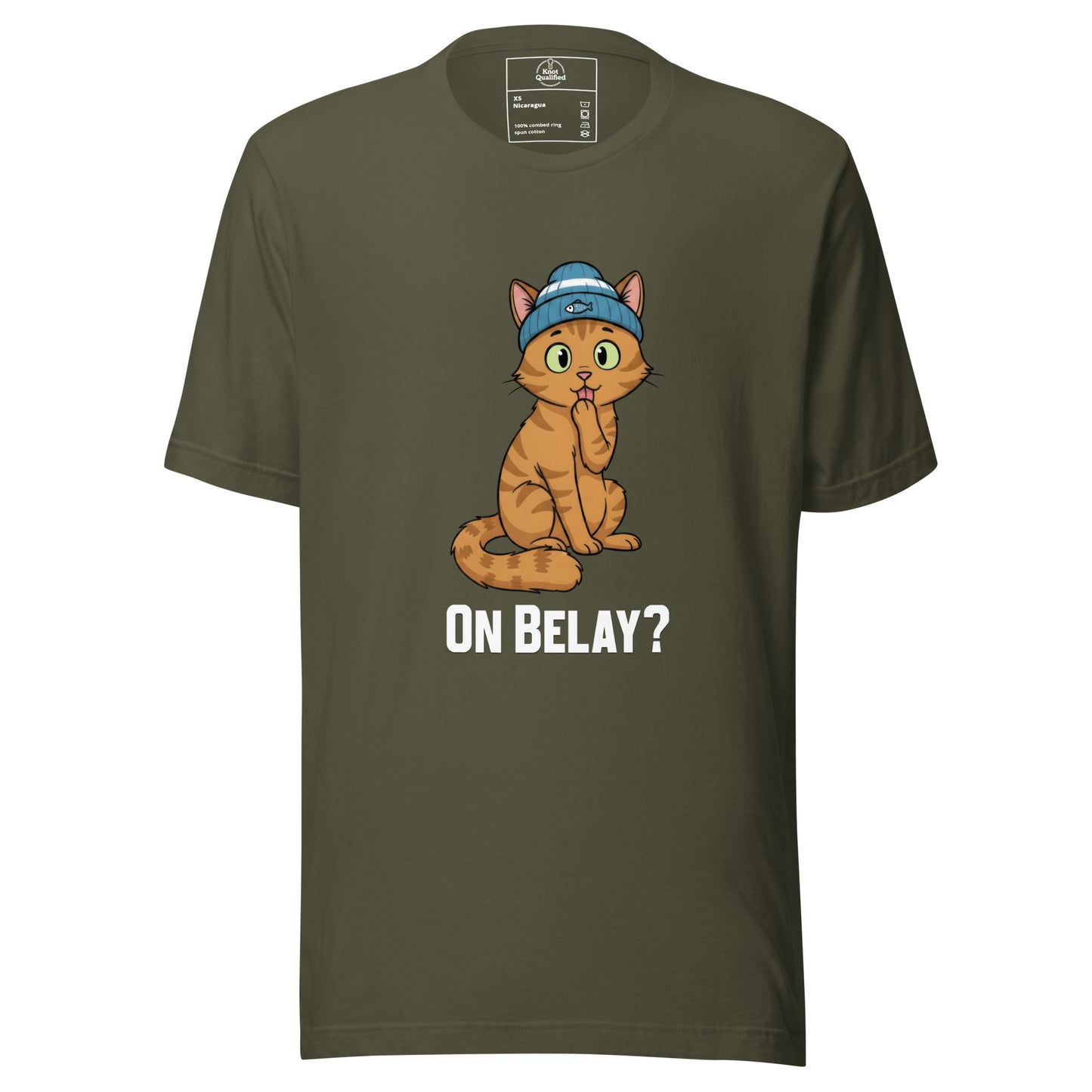 Military green unisex t-shirt featuring "On Belay Climbing Cat" graphic by Knot Qualified.