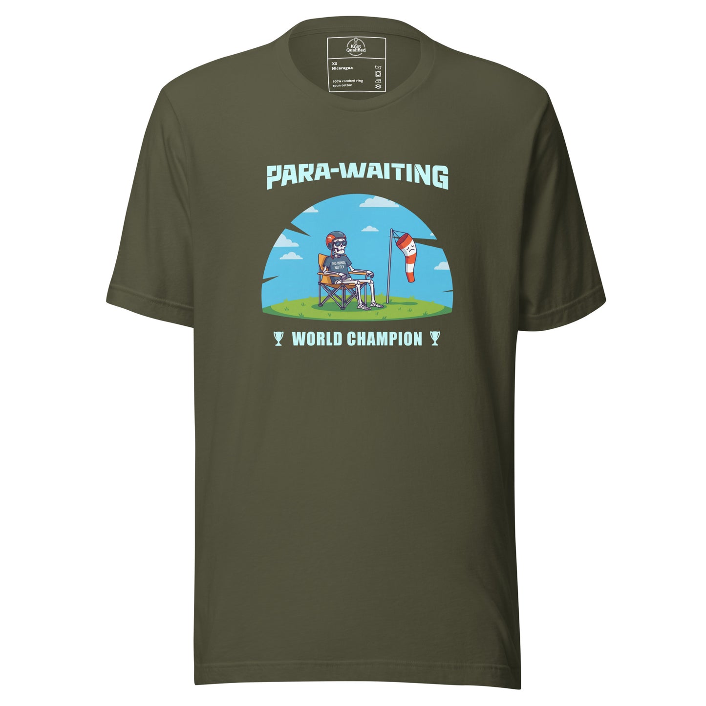 Military green Knot Qualified T-shirt featuring a funny paragliding design for world champion enthusiasts.
