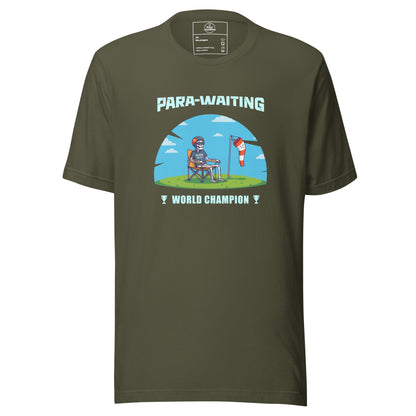 Military green Knot Qualified T-shirt featuring a funny paragliding design for world champion enthusiasts.