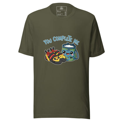 Unisex military green t-shirt featuring "You Complete Me" graphic, perfect for rock climbing and bouldering enthusiasts.