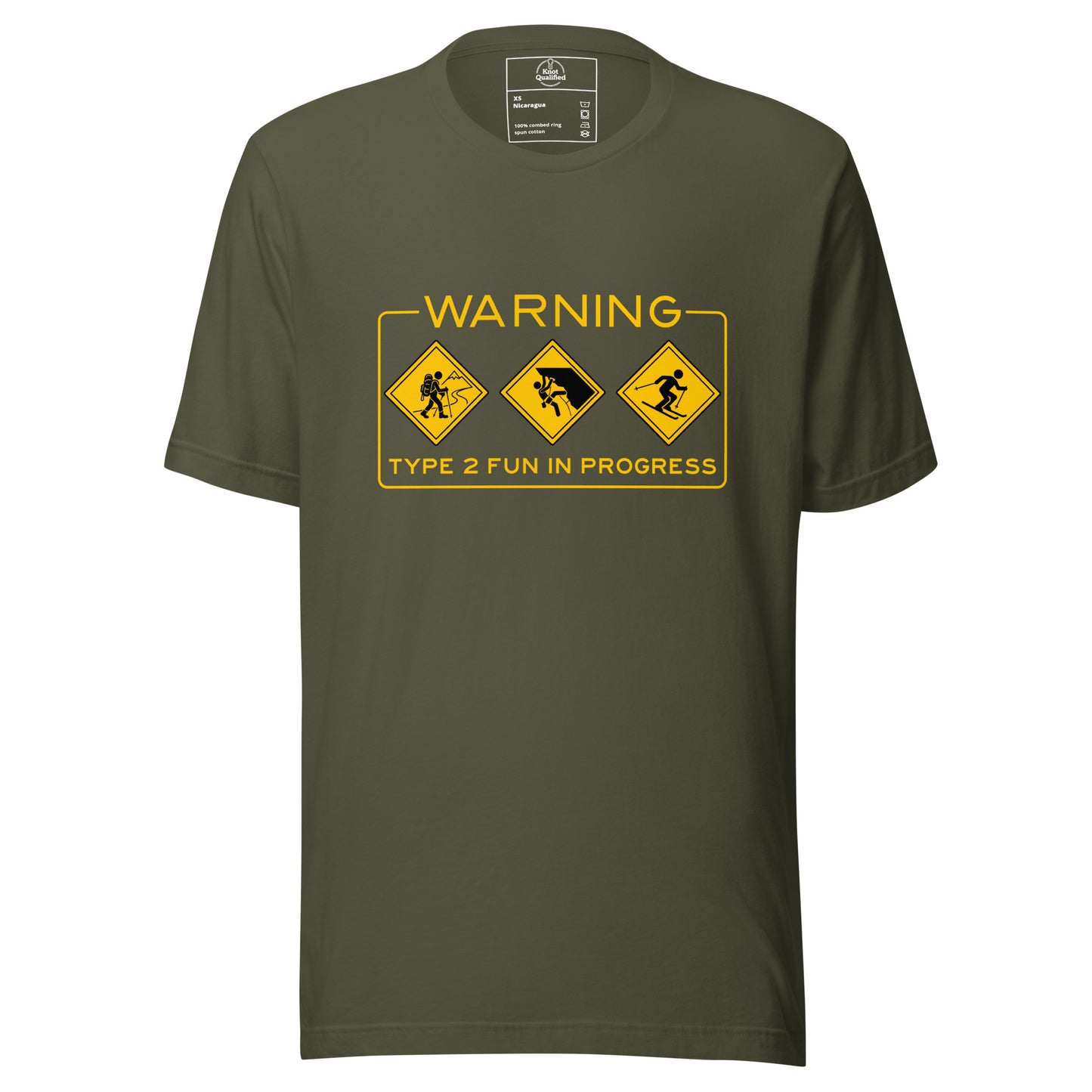 Military green unisex T-shirt featuring "Warning Type 2 Fun In Progress" design by Knot Qualified.
