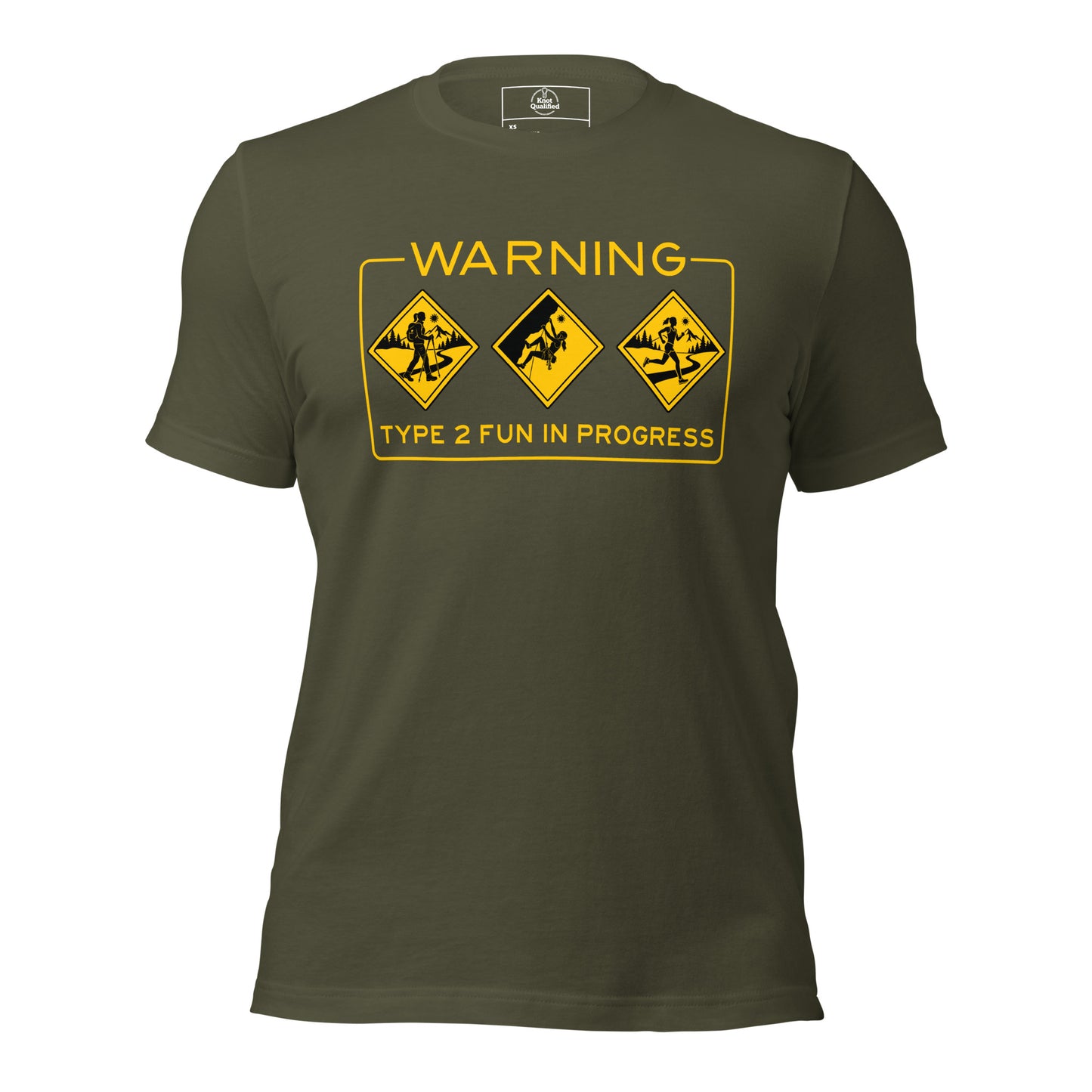 Military green unisex T-shirt by Knot Qualified, featuring a fun design for hiking and trail running enthusiasts.