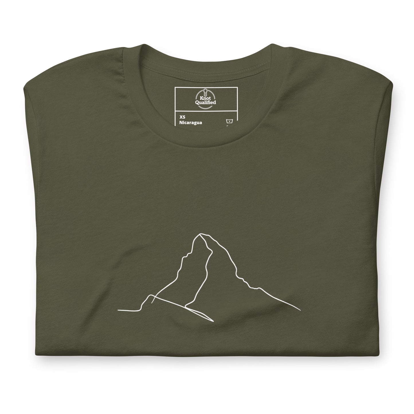 Military green unisex T-shirt featuring minimalist Matterhorn line art in Picasso style by Knot Qualified.