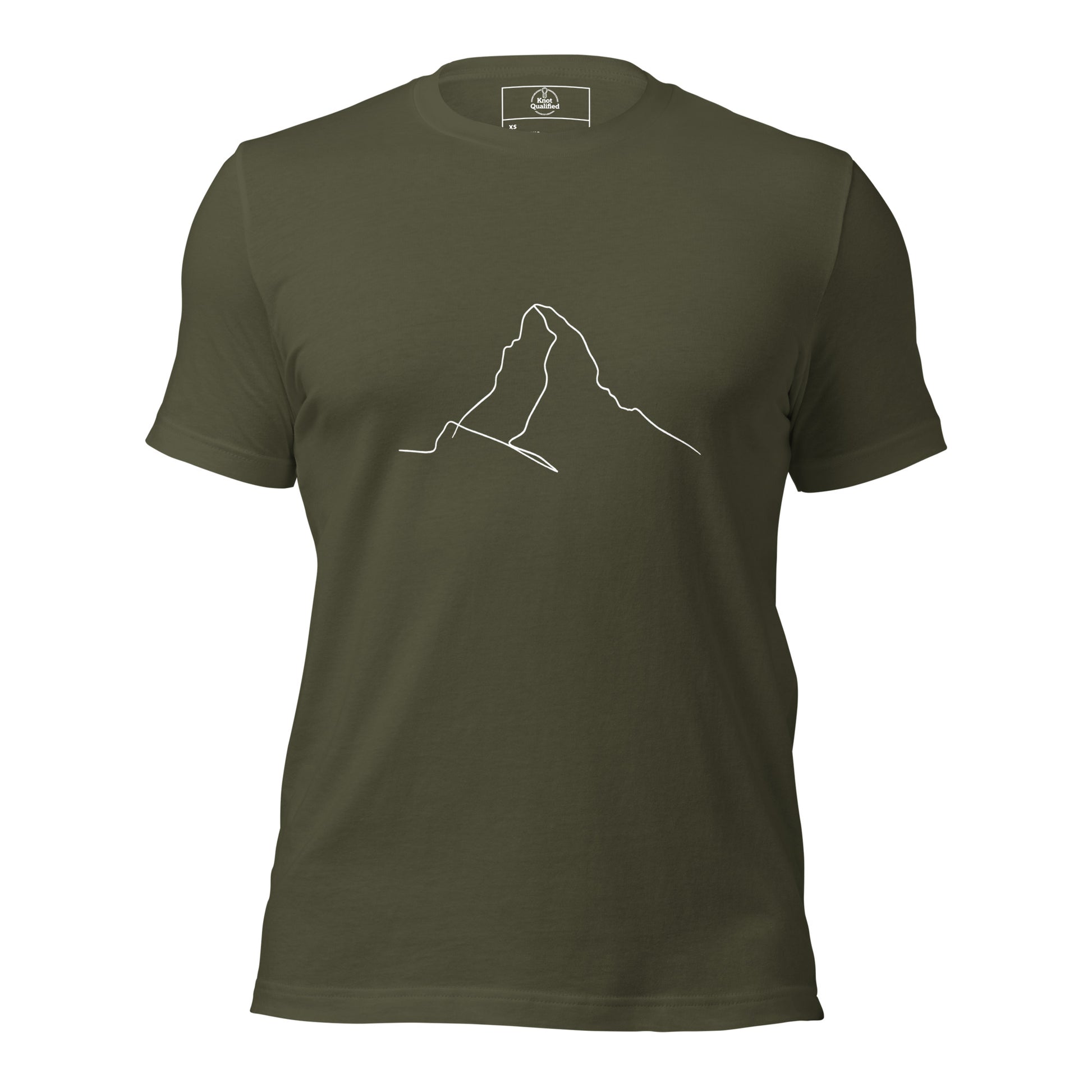 Military green unisex t-shirt featuring minimalist Matterhorn line art in Picasso style by Knot Qualified.