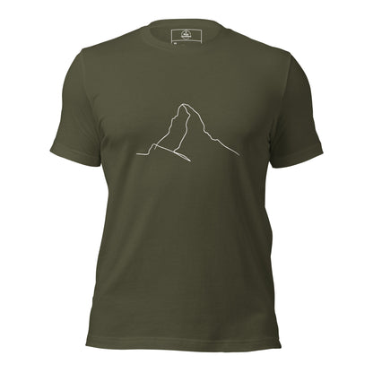 Military green unisex t-shirt featuring minimalist Matterhorn line art in Picasso style by Knot Qualified.