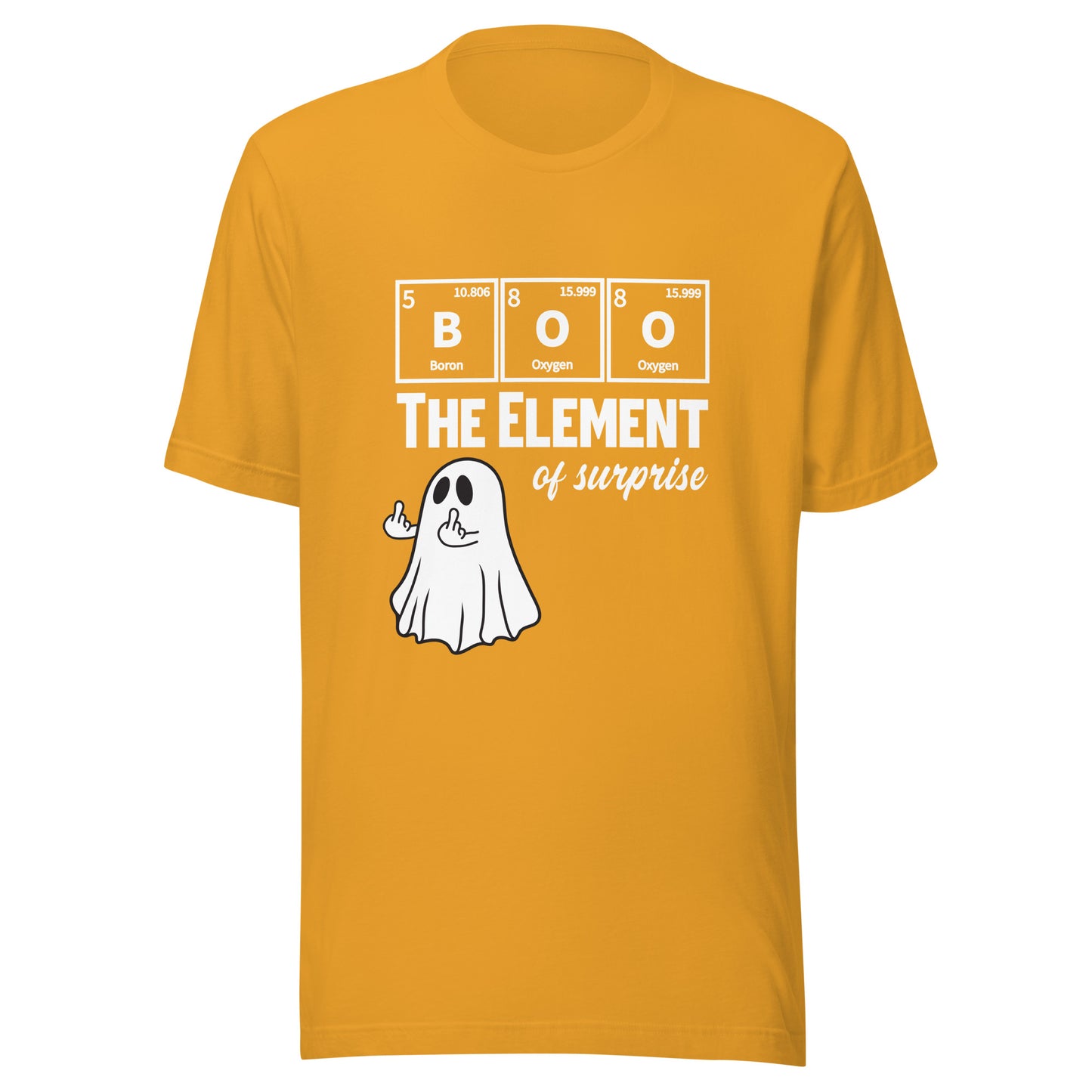 Unisex mustard t-shirt featuring a funny ghost graphic with a science pun for Halloween by Knot Qualified.