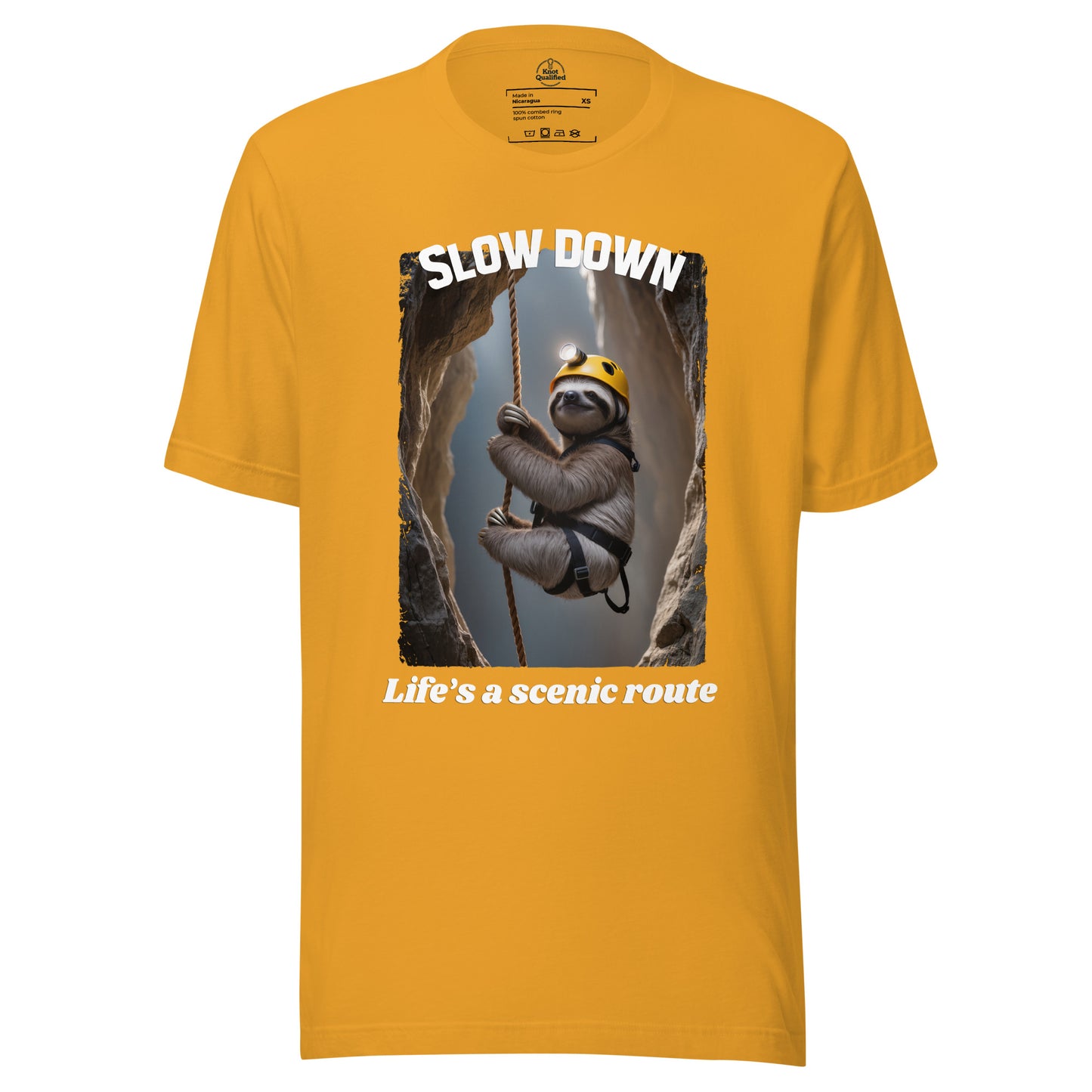 Unisex mustard T-shirt from Knot Qualified featuring "Slow down Life’s a scenic route" graphic on the front.