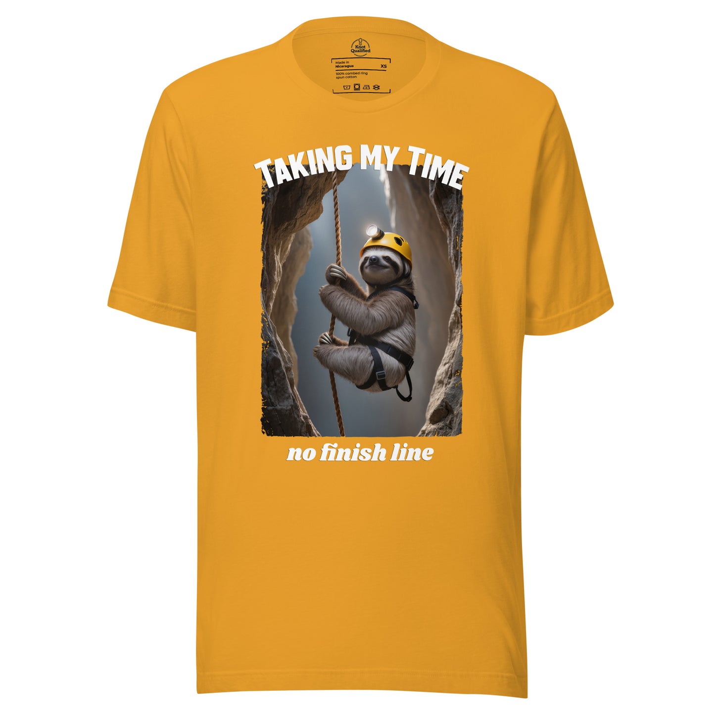 Unisex mustard T-shirt from Knot Qualified featuring "Taking my Time, no finish line" graphic on the front.