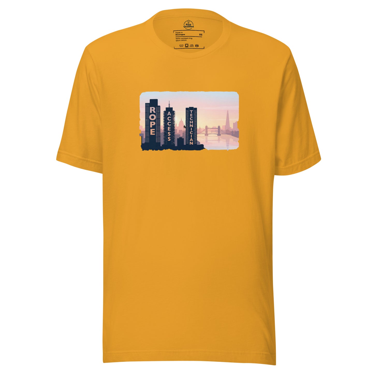 Mustard unisex T-shirt featuring London skyline design, ideal for rope access technicians and high-altitude workers.