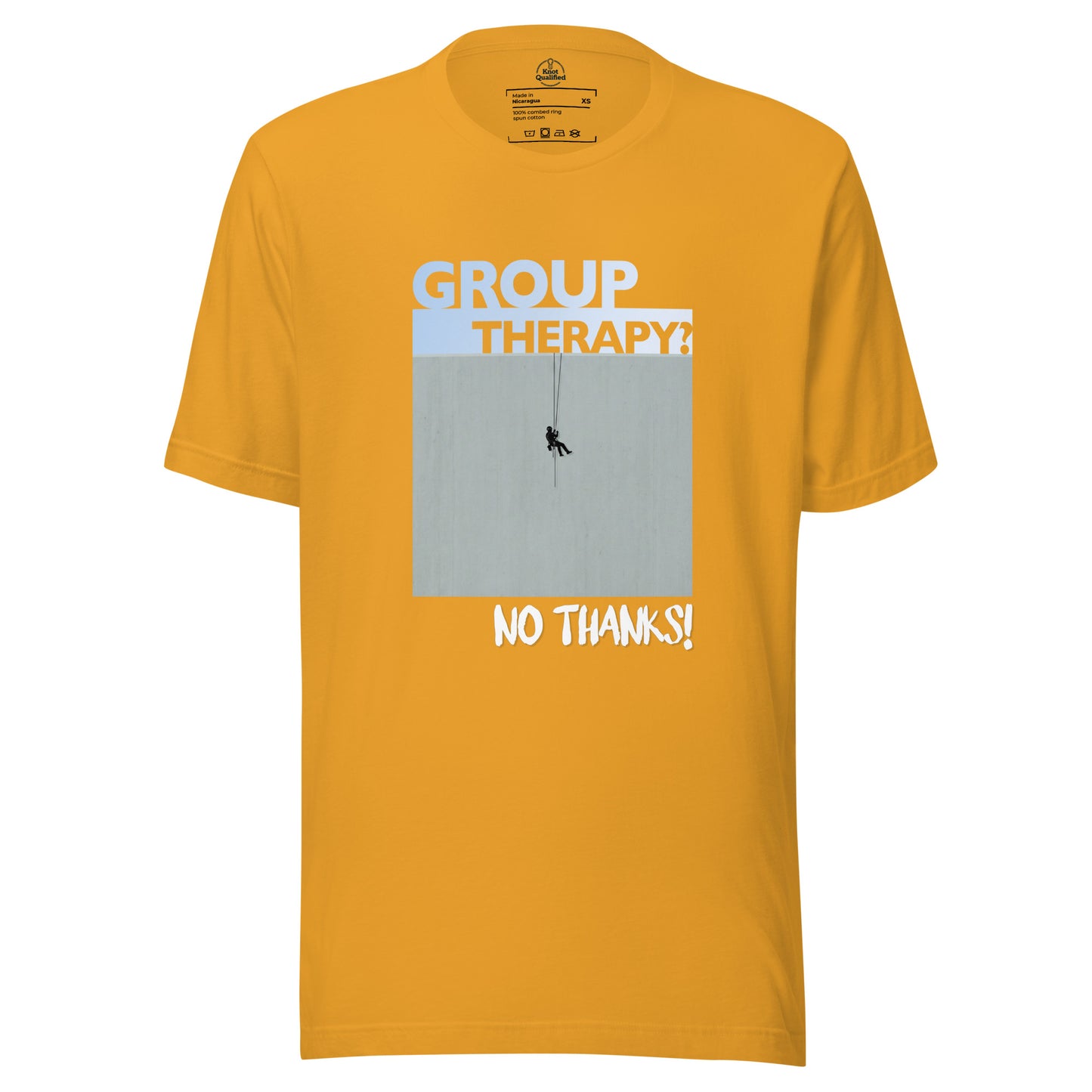 Mustard unisex t-shirt featuring "Group Therapy? No Thanks." design for rope access technicians by Knot Qualified.