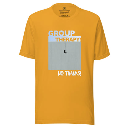 Mustard unisex t-shirt featuring "Group Therapy? No Thanks." design for rope access technicians by Knot Qualified.