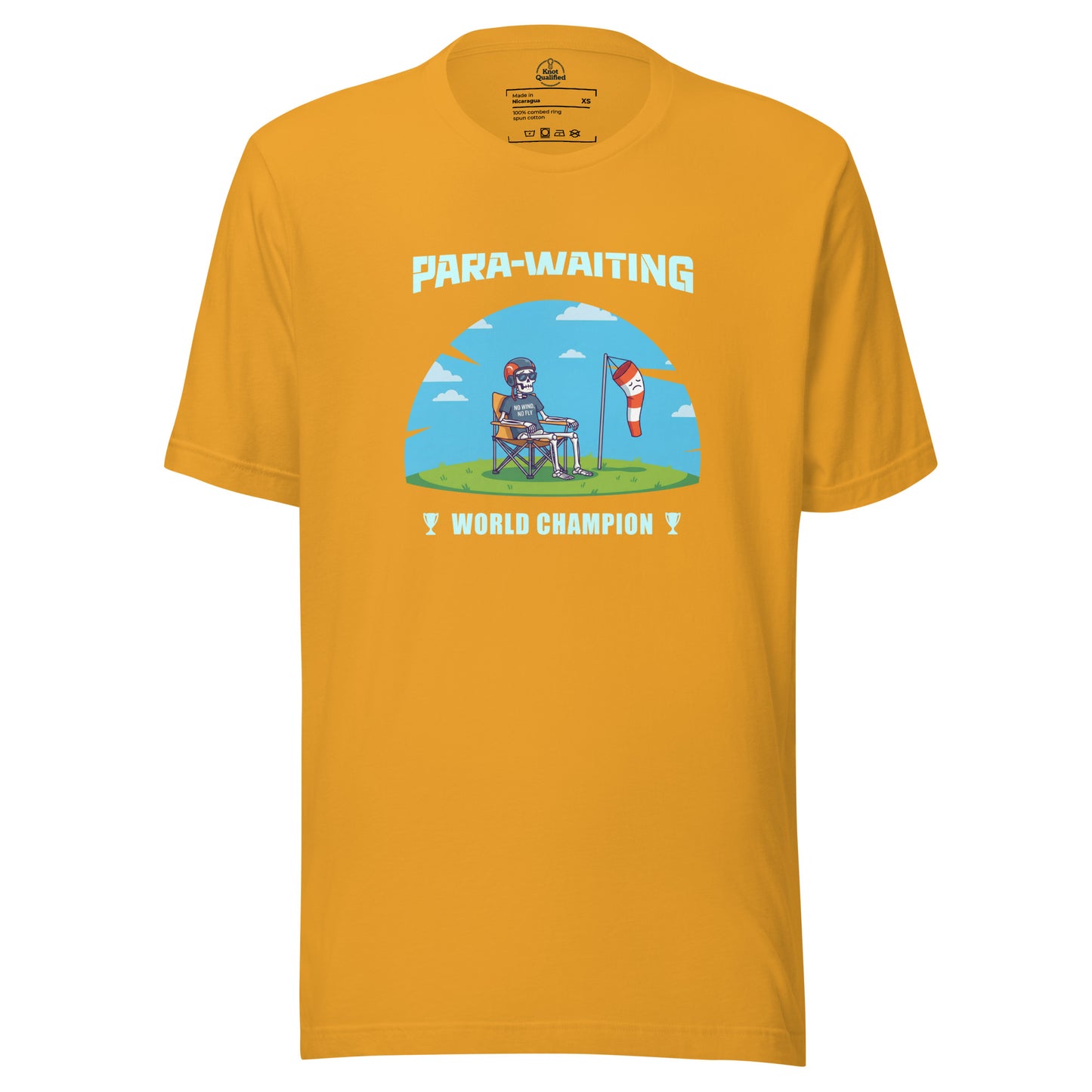 Mustard unisex T-shirt featuring "Para-Waiting World Champion" graphic, ideal for paragliding and paramotor enthusiasts.