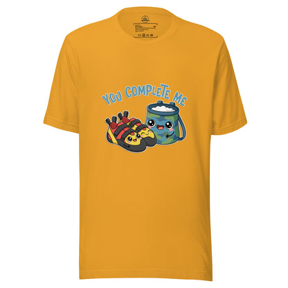Mustard unisex t-shirt featuring "You Complete Me" design, ideal for bouldering and climbing enthusiasts by Knot Qualified.