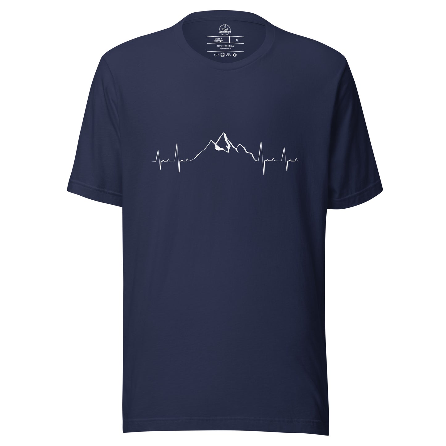 Navy unisex T-shirt by Knot Qualified featuring a mountain heartbeat graphic on the front.