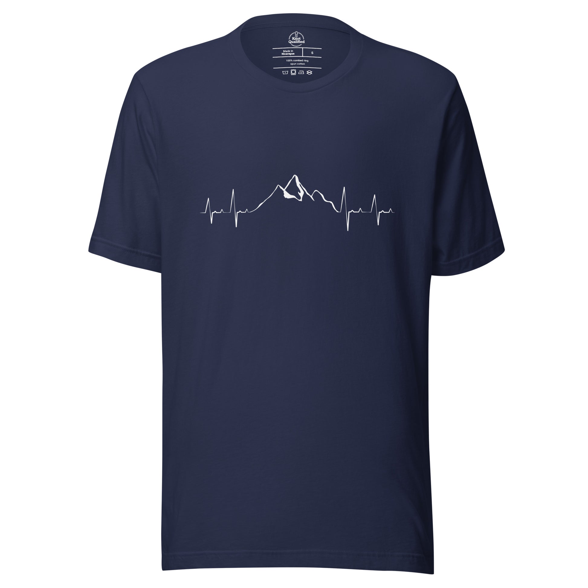 Navy unisex T-shirt by Knot Qualified featuring a mountain heartbeat graphic on the front.