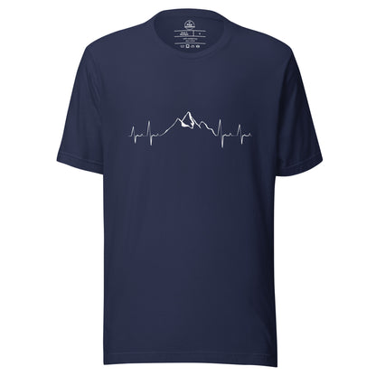 Navy unisex T-shirt by Knot Qualified featuring a mountain heartbeat graphic on the front.