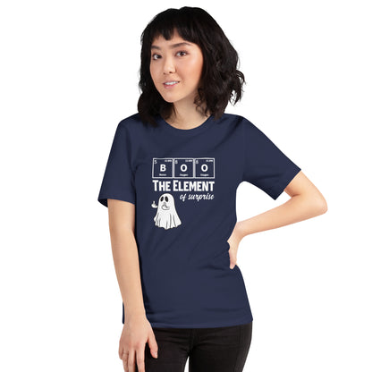 Navy unisex t-shirt featuring a funny ghost graphic and "Boo The Element Of Surprise" Halloween pun by Knot Qualified.