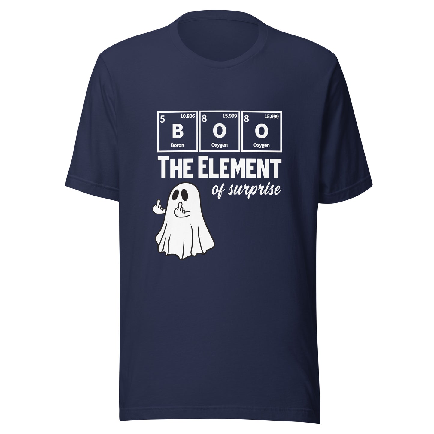 Navy unisex t-shirt featuring a funny ghost graphic with a Halloween science pun by Knot Qualified.