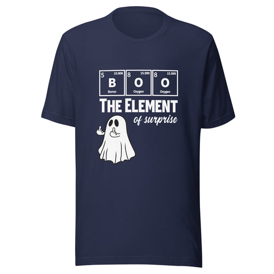 Navy unisex t-shirt featuring a funny ghost graphic with a Halloween science pun by Knot Qualified.