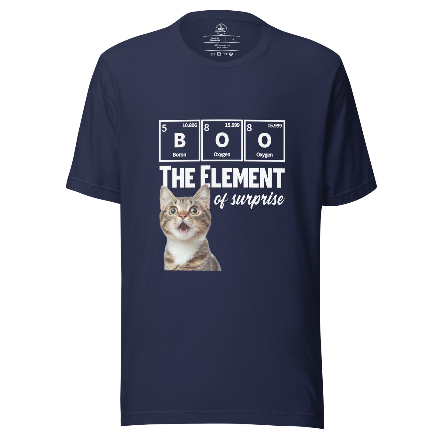 Navy unisex t-shirt featuring a cute kitten chemistry pun design by Knot Qualified.