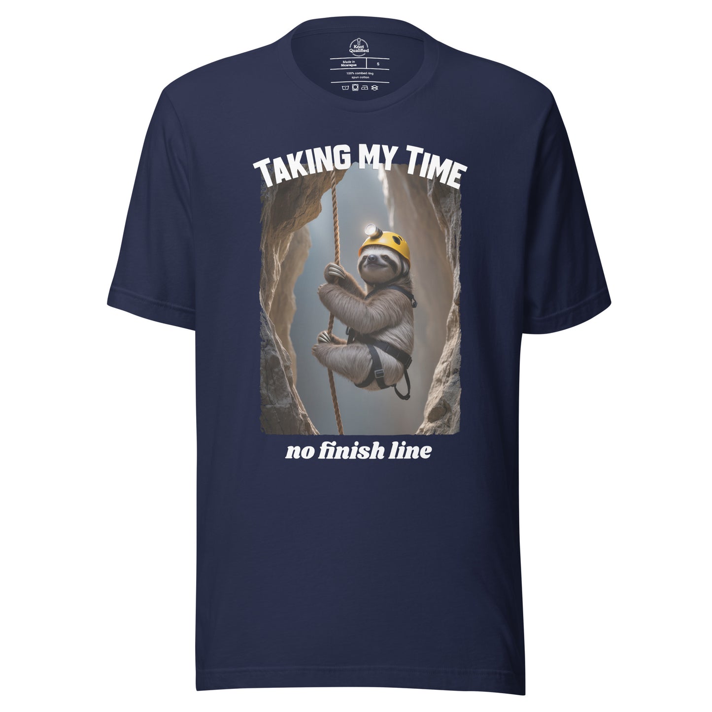 Navy unisex T-shirt by Knot Qualified featuring "Taking my Time, no finish line" graphic on the front.