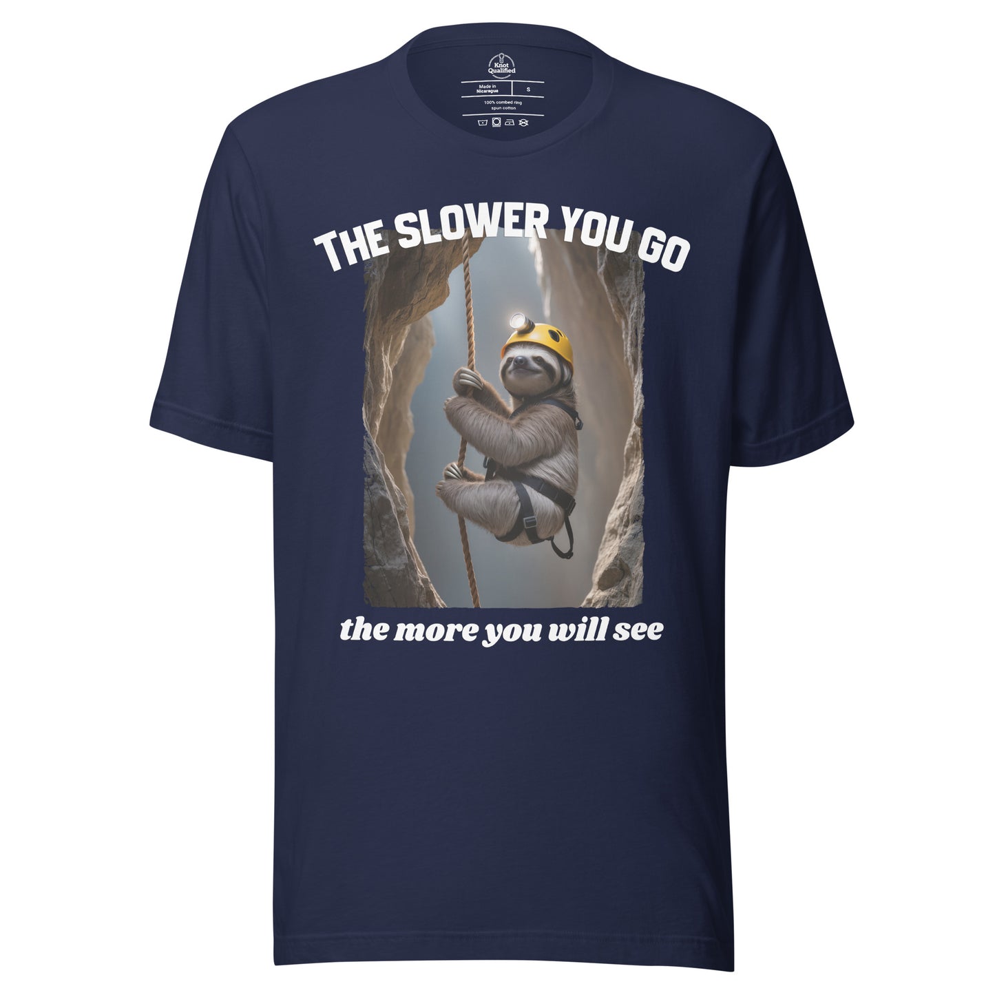 Navy unisex t-shirt by Knot Qualified featuring the phrase "The slower you go - the more you will see" on the front.