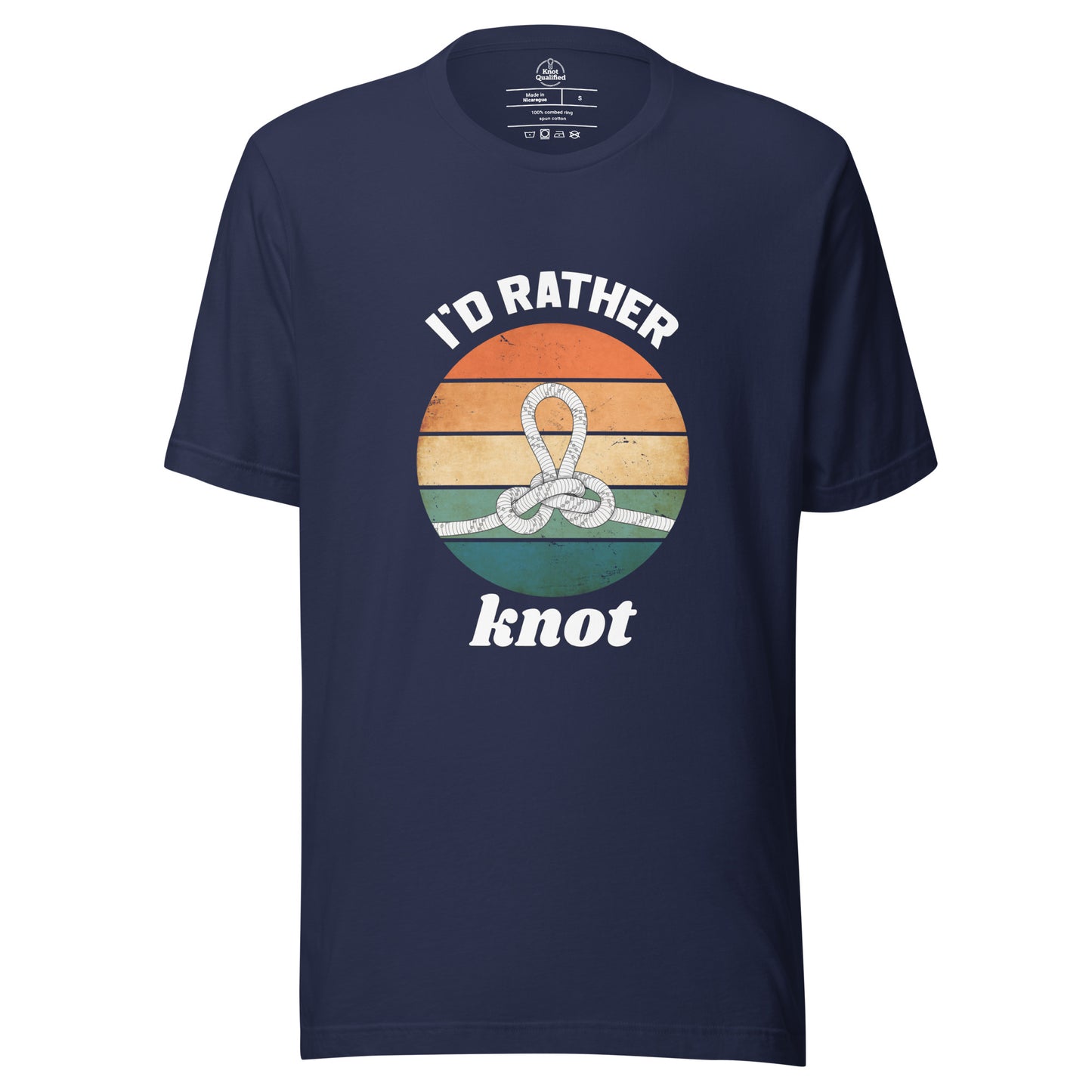 Navy unisex t-shirt featuring the "I'd Rather Knot - Alpine Butterfly" graphic by Knot Qualified.