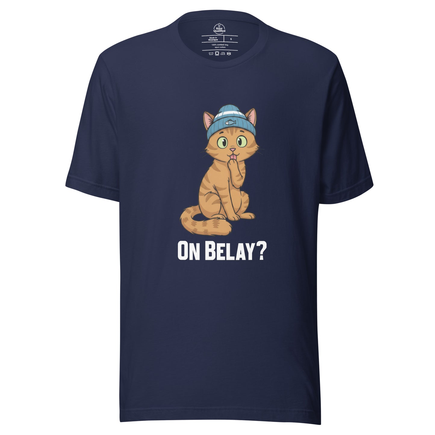 Navy unisex t-shirt featuring "On Belay Climbing Cat" graphic by Knot Qualified, suitable for climbing enthusiasts.