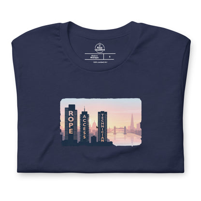 Navy unisex t-shirt featuring London skyline design, ideal for rope access technicians and high-altitude work enthusiasts.