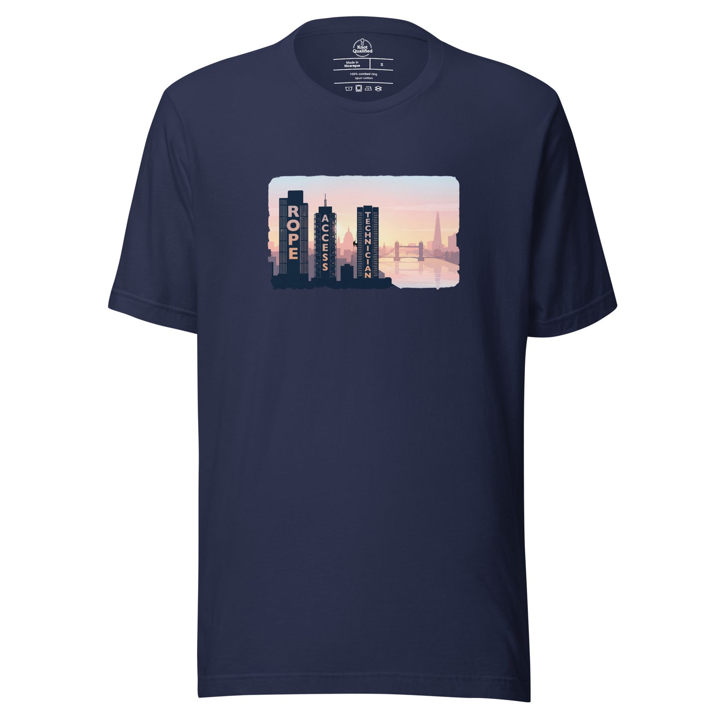 Navy unisex T-shirt featuring London skyline design, perfect for rope access technicians and high-altitude workers.